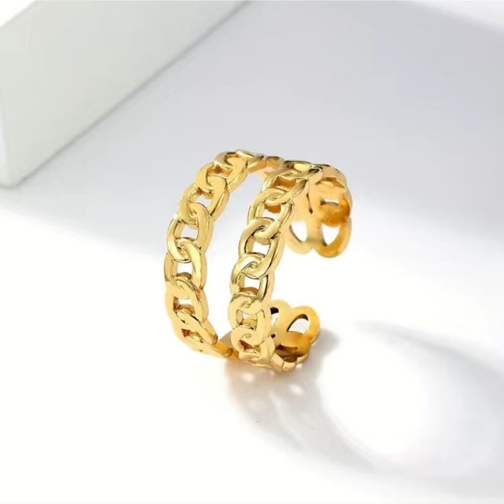 Cuban Link Chain Ring 18K Gold Plated Stainless Steel Double-layer Open Ring